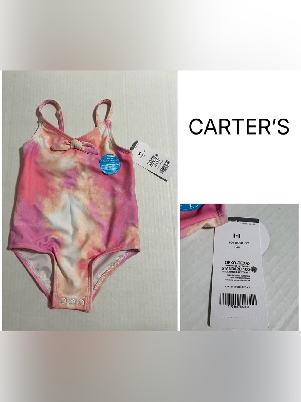CARTER’S - 12M - NWT - INFANT GIRLS - UPF 50+ PINK TIE DYE SWIMSUIT / SWIMWEAR